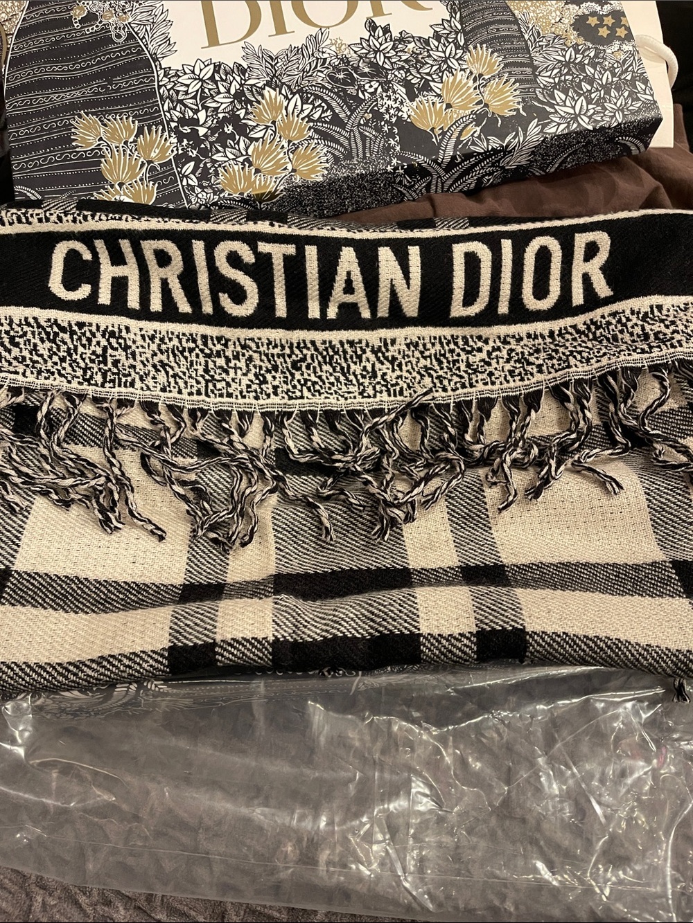 Dior black and Cream Logo Checked Scarf with Fringe
